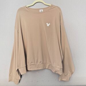 Disney Parks Mickey W Tan Crewneck Sweater Oversized 2X Beige Embroidered  NWT